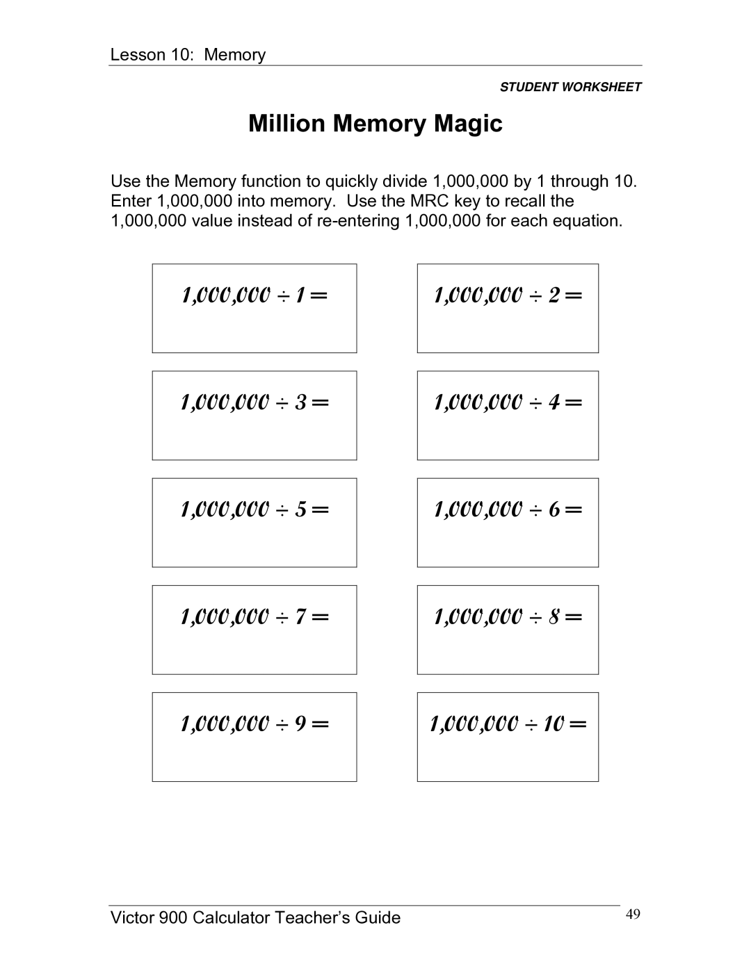 Victor 900 manual Million Memory Magic 