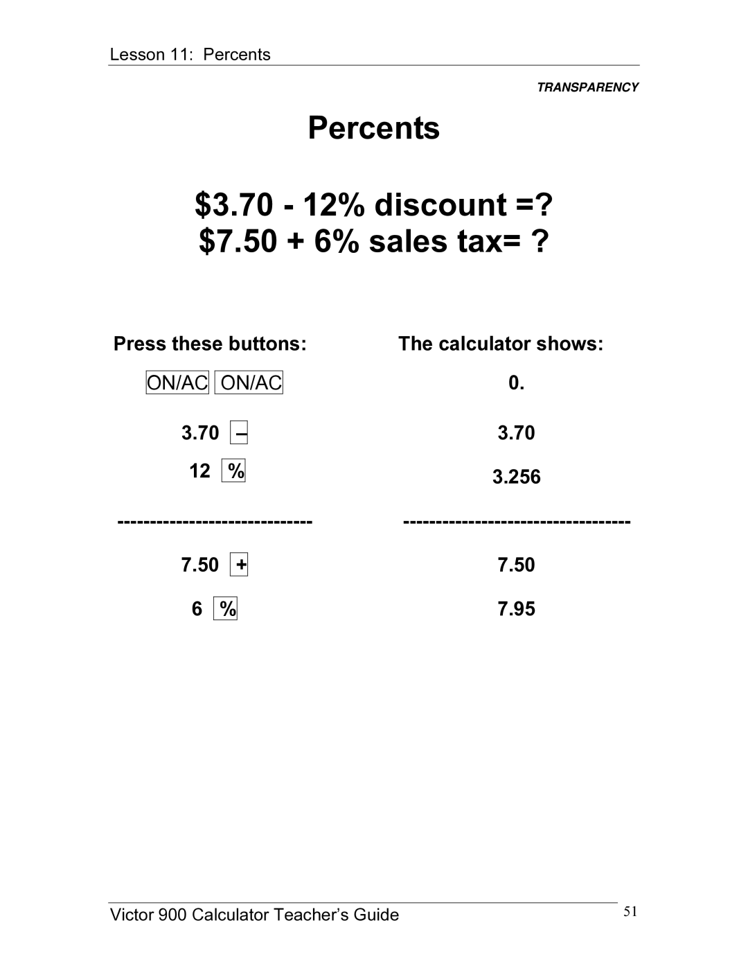 Victor 900 manual Percents $3.70 12% discount =? $7.50 + 6% sales tax= ?, Press these buttons Calculator shows 