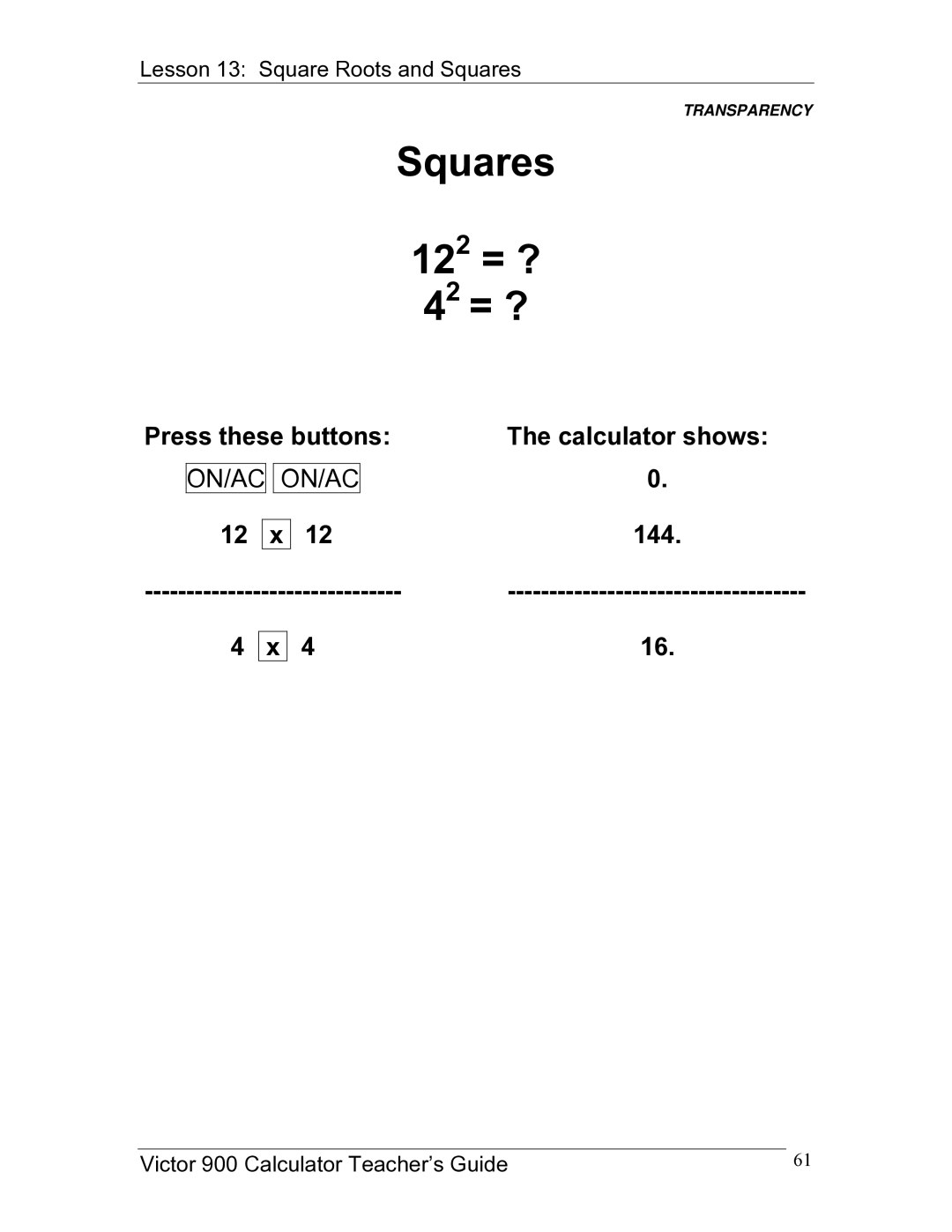 Victor 900 manual Squares 122 = ? 42 = ?, 144 