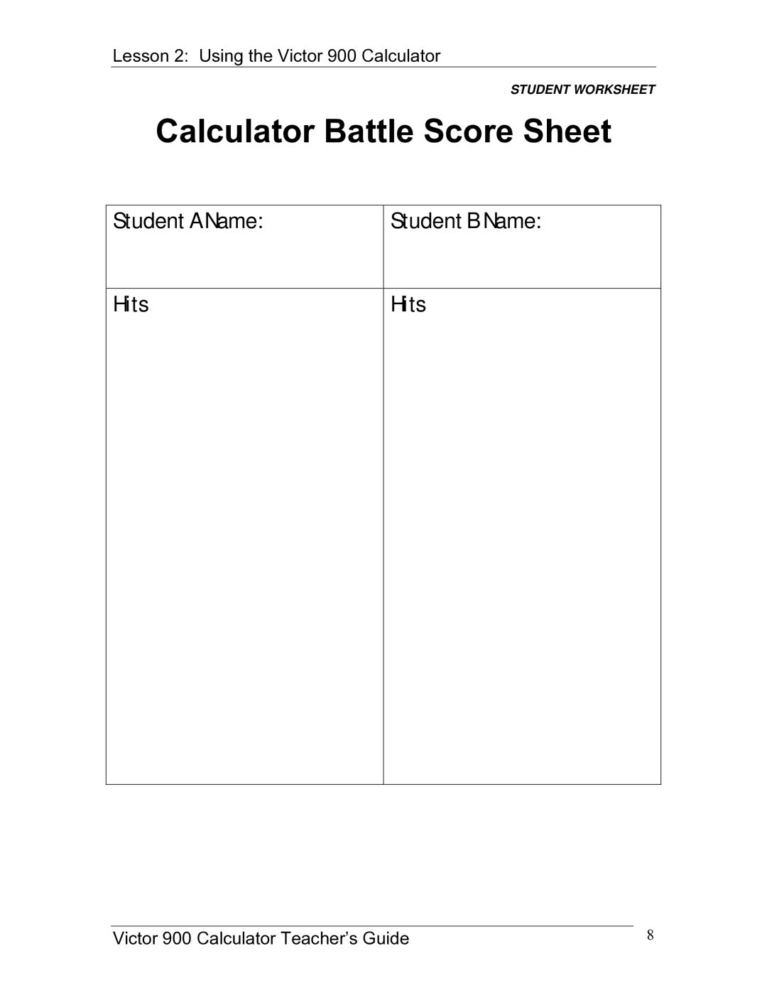 Victor 900 manual Calculator Battle Score Sheet, Student a Name Student B Name Hits 