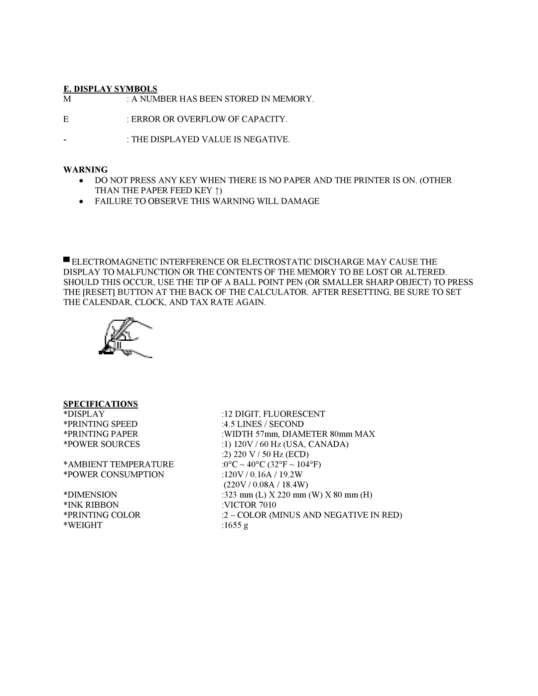 Victor Calculator warranty Display Symbols, Specifications 