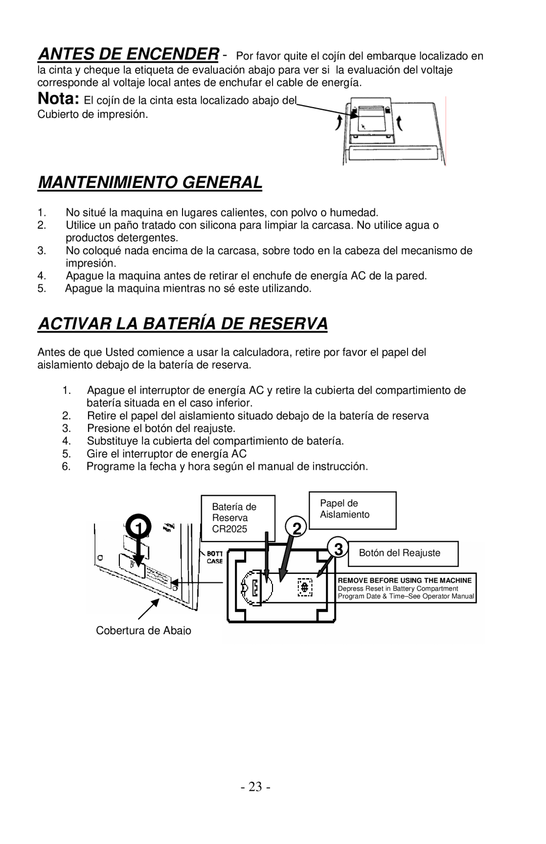 Victor Enterprise 1260-3 manual Mantenimiento General, Activar LA Batería DE Reserva 