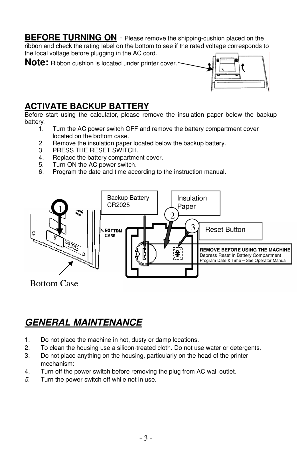 Victor Enterprise 1260-3 manual General Maintenance, Activate Backup Battery 