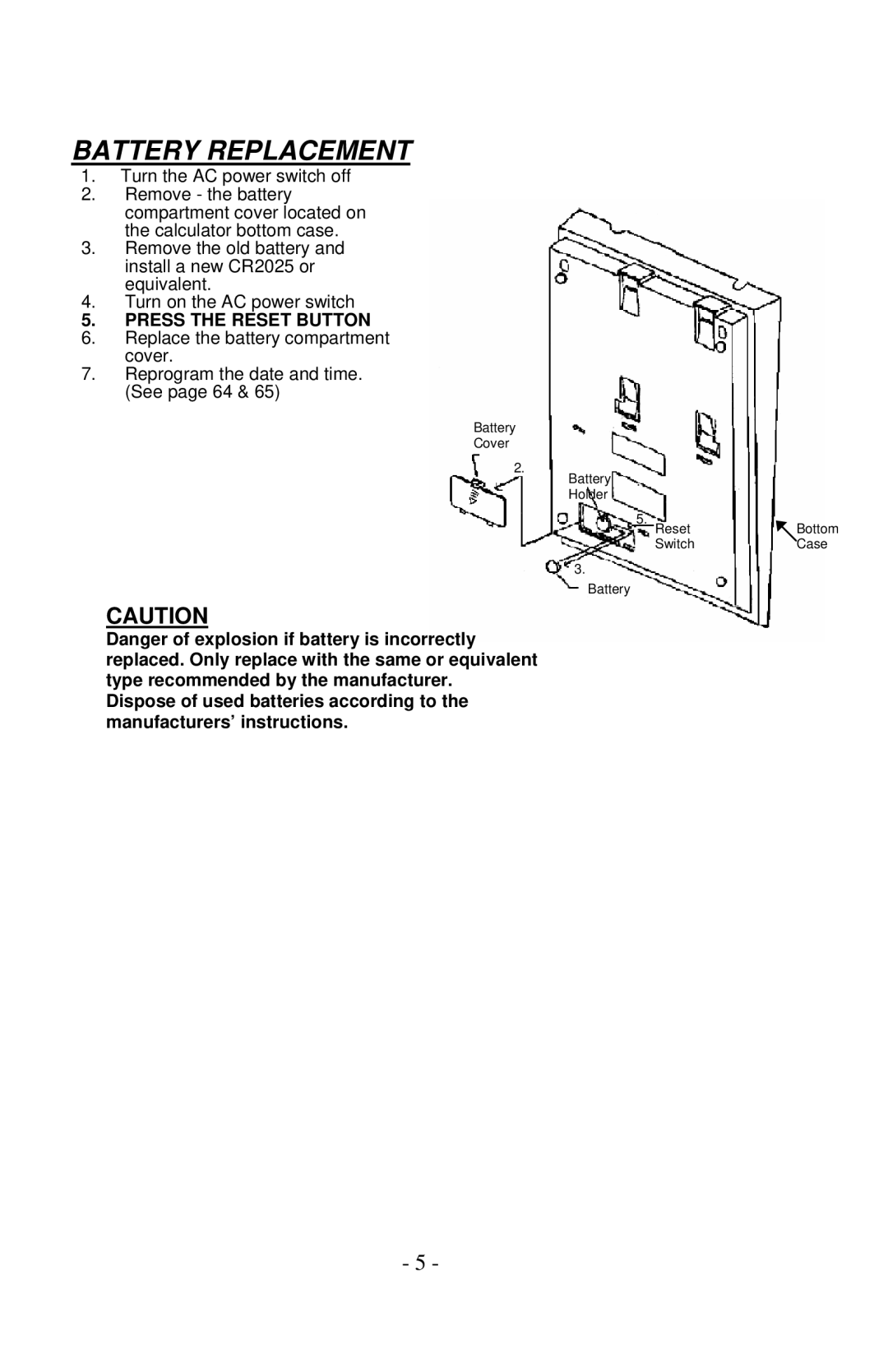 Victor Enterprise 1260-3 manual Battery Replacement, Press the Reset Button 