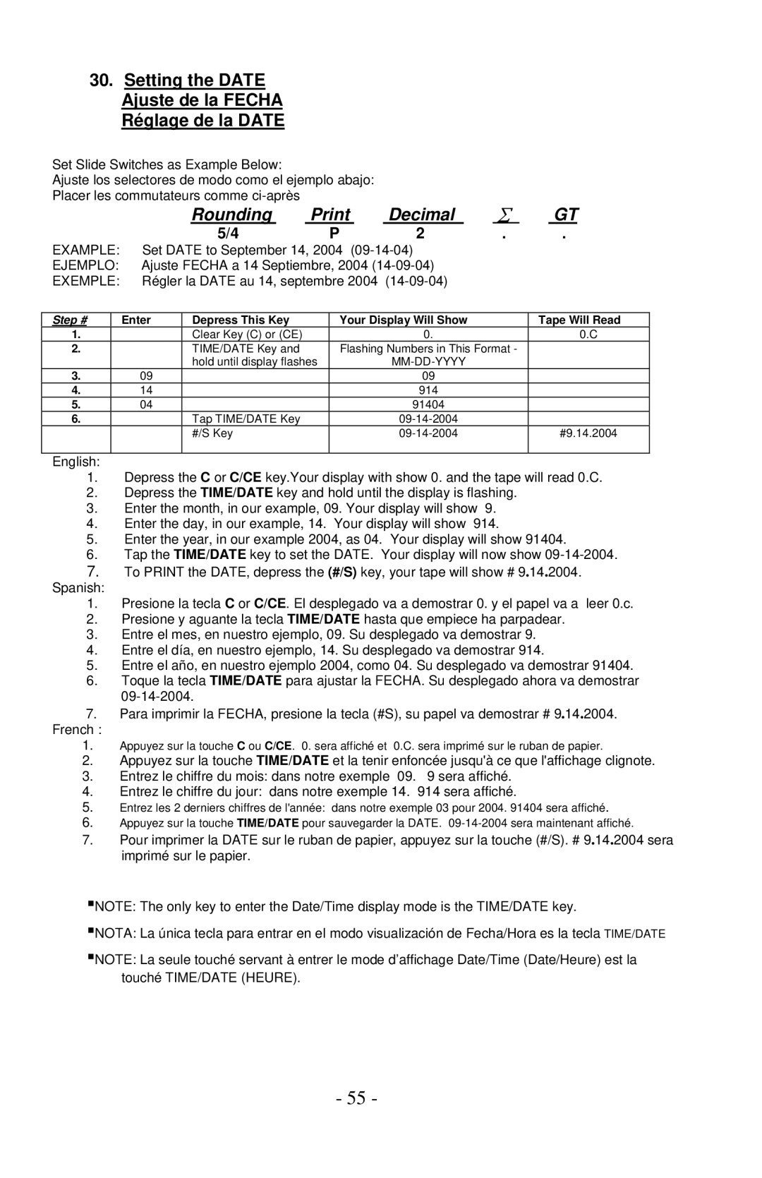 Victor Enterprise 1260-3 manual Setting the Date Ajuste de la Fecha Réglage de la Date, Exemple 