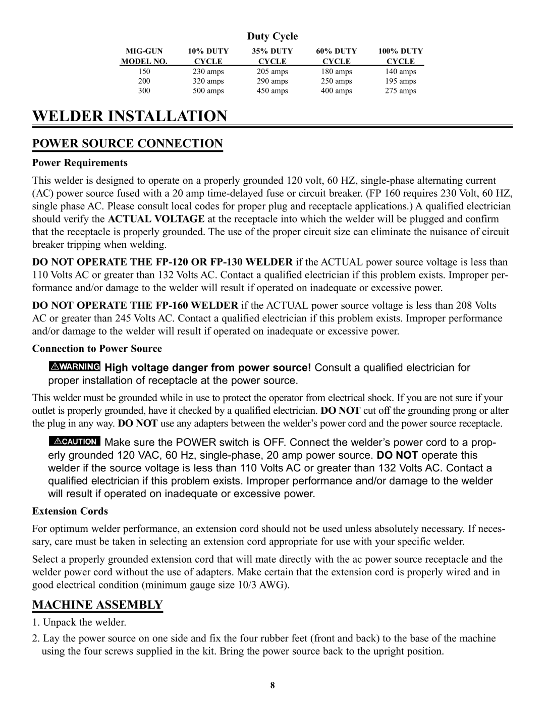 Victor Enterprise FP-130, FP-200, FP-160, FP-120 manual Welder Installation, Power Source Connection, Machine Assembly 