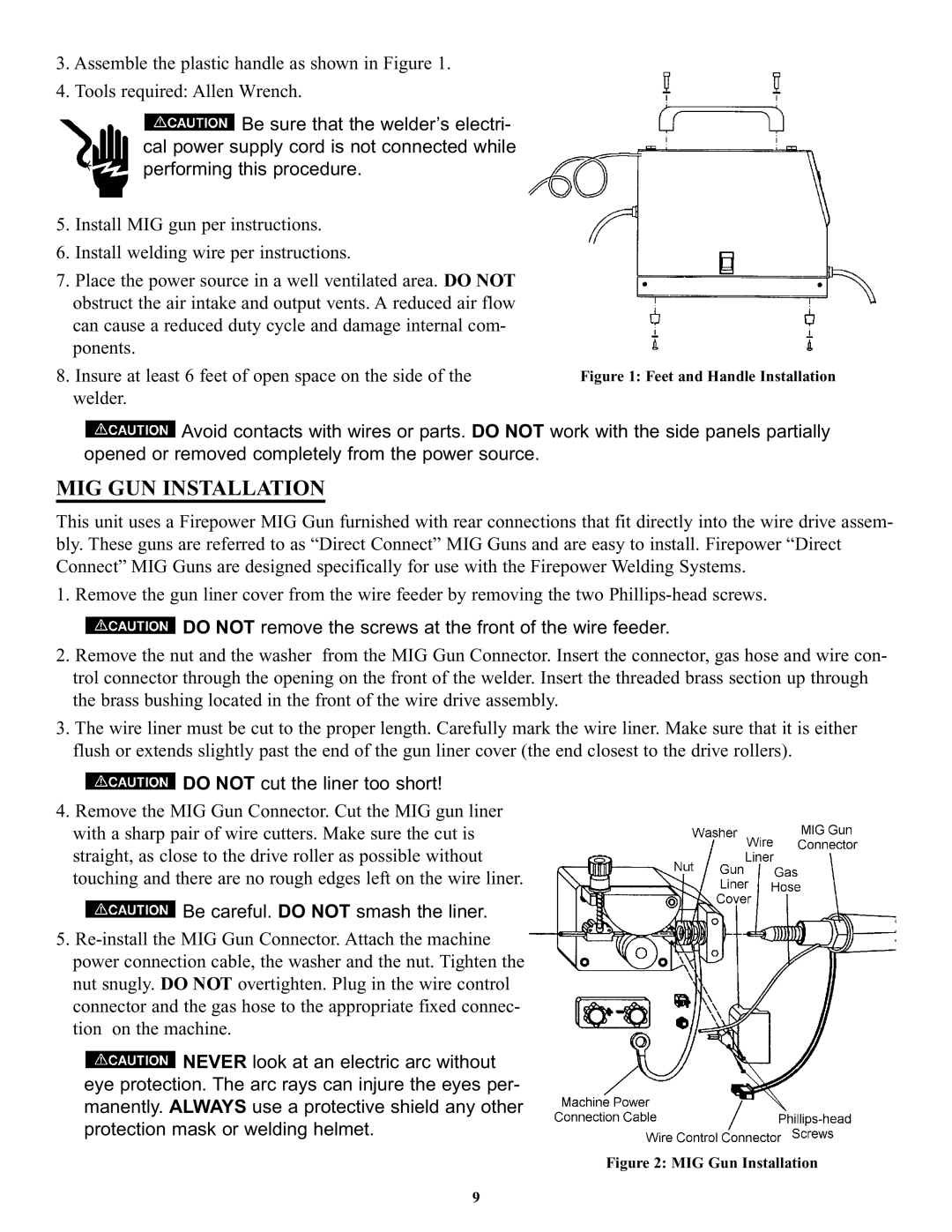 Victor Enterprise FP-200, FP-160, FP-120 MIG GUN Installation, Do not remove the screws at the front of the wire feeder 