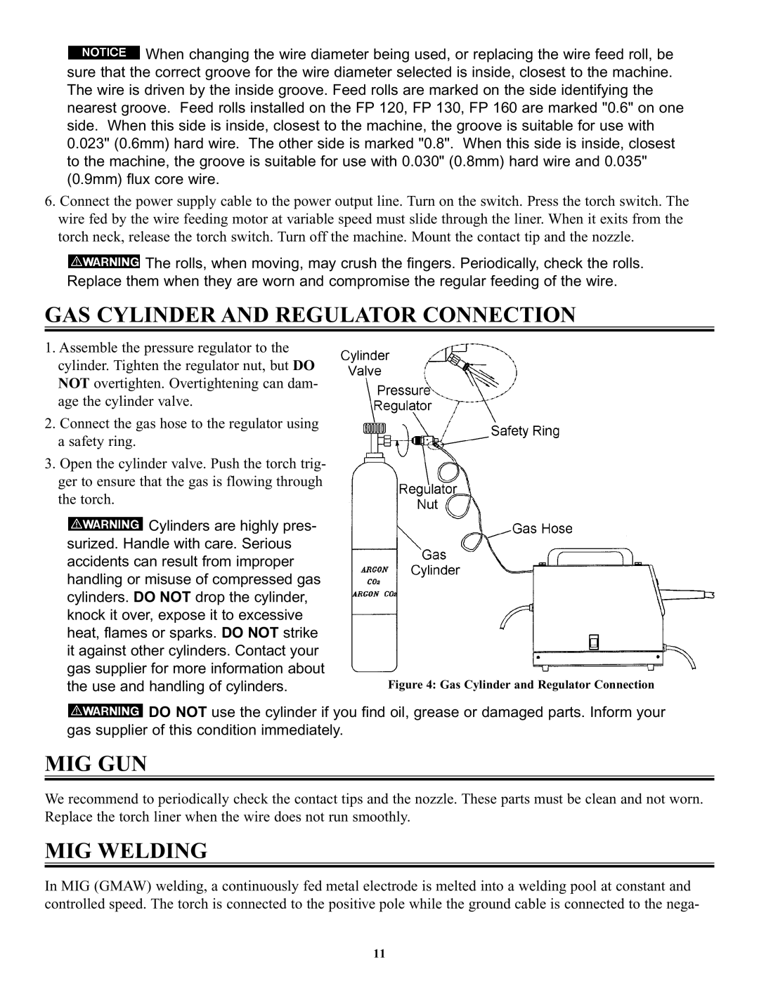 Victor Enterprise FP-120, FP-200, FP-160, FP-130 manual GAS Cylinder and Regulator Connection, Mig Gun, MIG Welding 