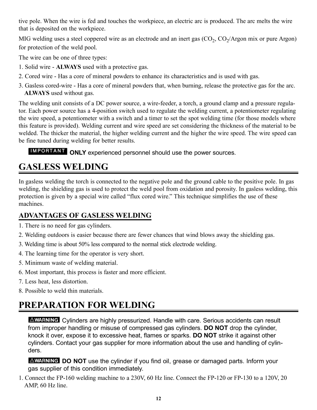 Victor Enterprise FP-130, FP-200, FP-160, FP-120 manual Preparation for Welding, Advantages of Gasless Welding 