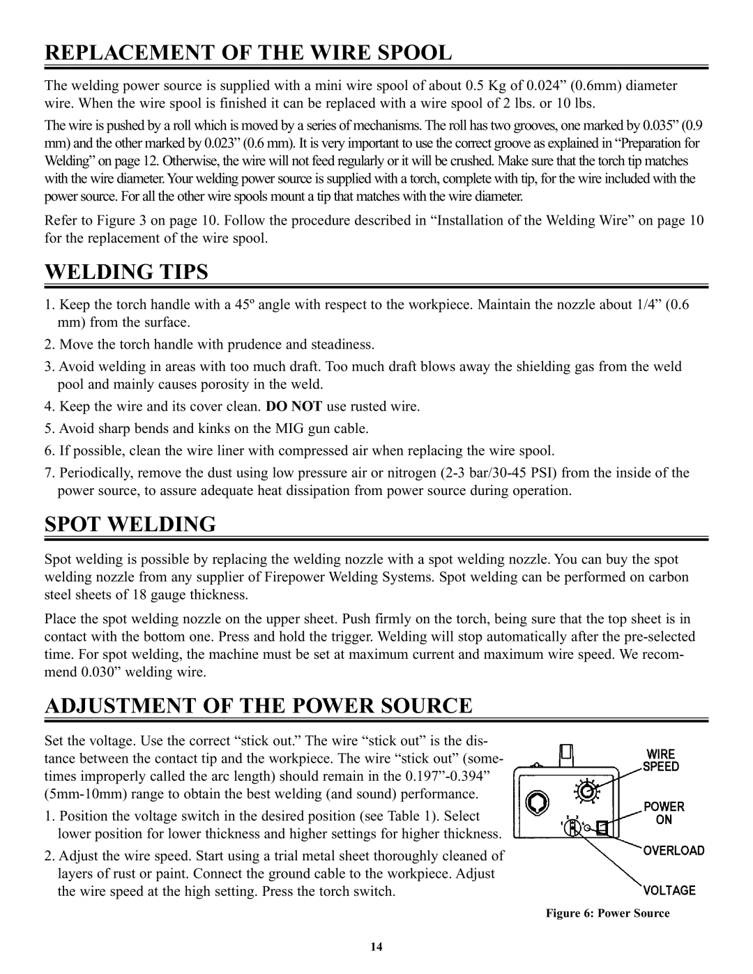 Victor Enterprise FP-160, FP-200 Replacement of the Wire Spool, Welding Tips, Spot Welding, Adjustment of the Power Source 