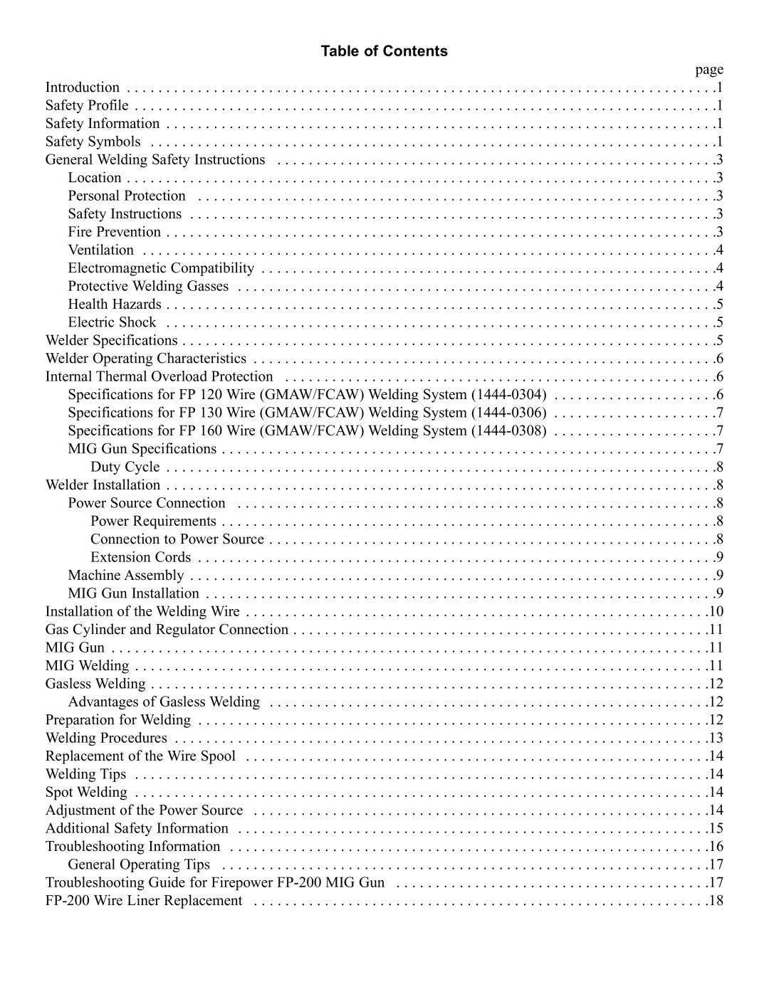 Victor Enterprise FP-120, FP-200, FP-160, FP-130 manual Table of Contents 