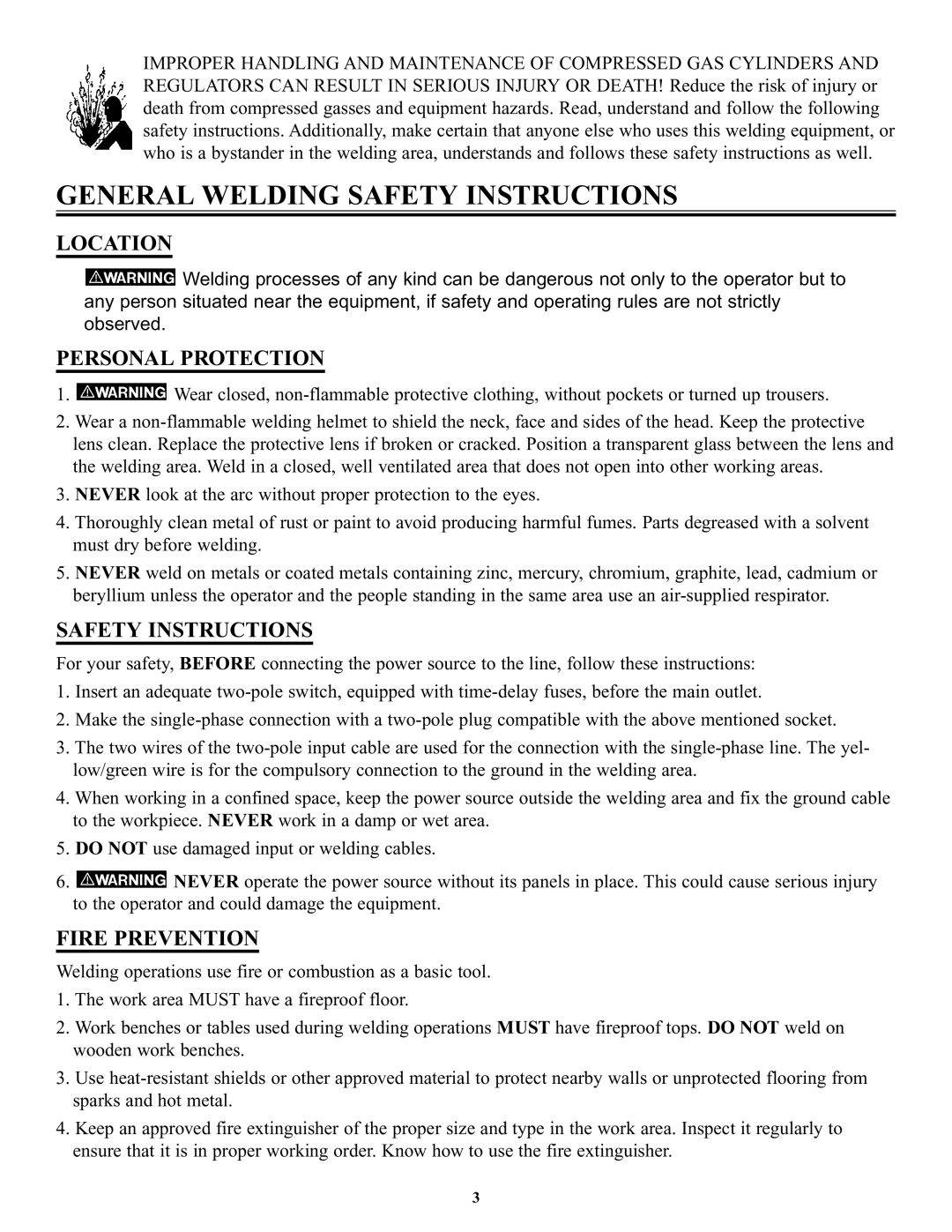 Victor Enterprise FP-120, FP-200 manual General Welding Safety Instructions, Location, Personal Protection, Fire Prevention 