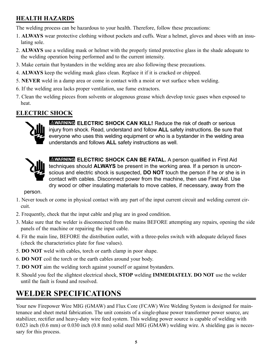 Victor Enterprise FP-200, FP-160, FP-120, FP-130 manual Welder Specifications, Health Hazards, Electric Shock 