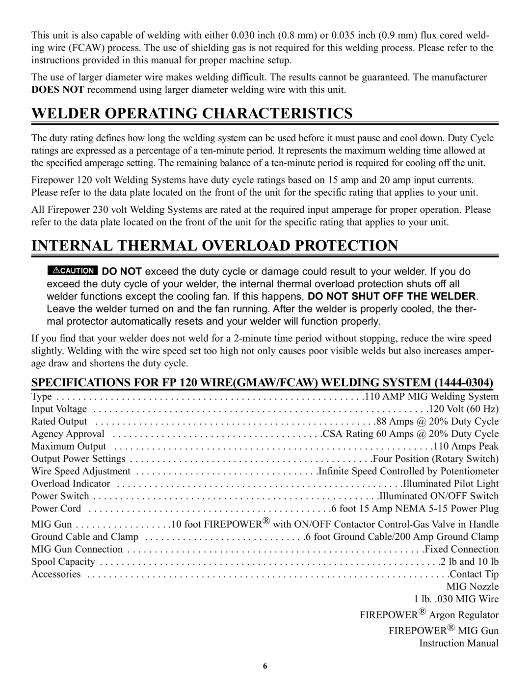 Victor Enterprise FP-160, FP-200, FP-120, FP-130 manual Welder Operating Characteristics, Internal Thermal Overload Protection 