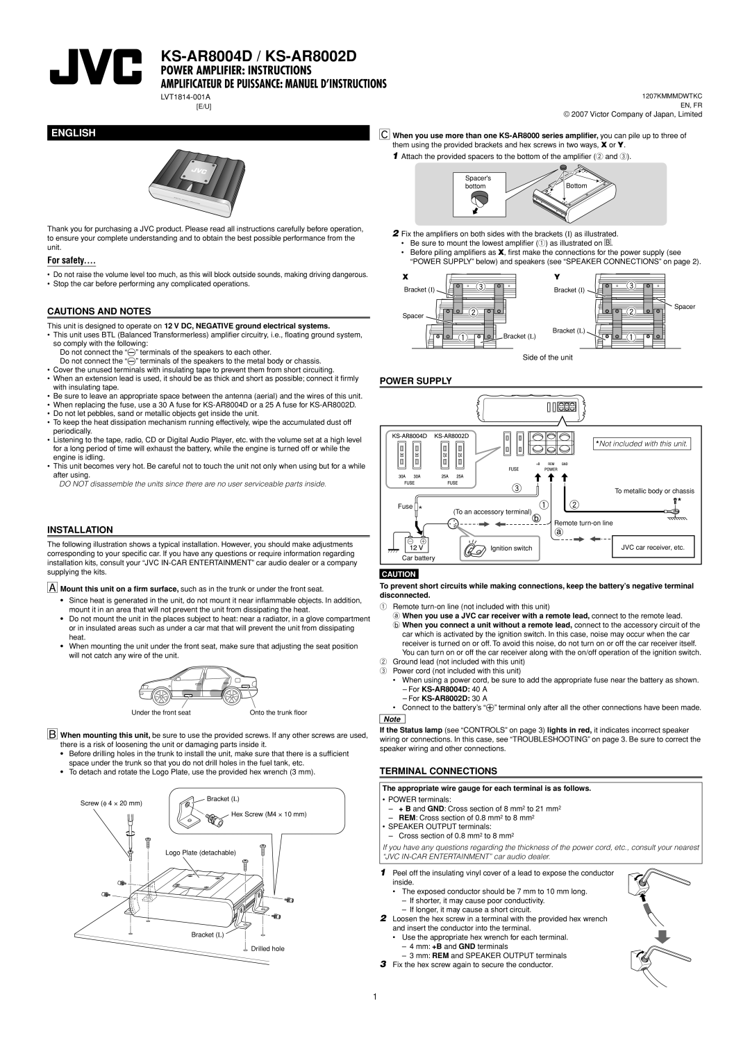Victor Enterprise KS-AR8002D manual Power Amplifier Instructions, Amplificateur De Puissance Manuel D’Instructions, English 