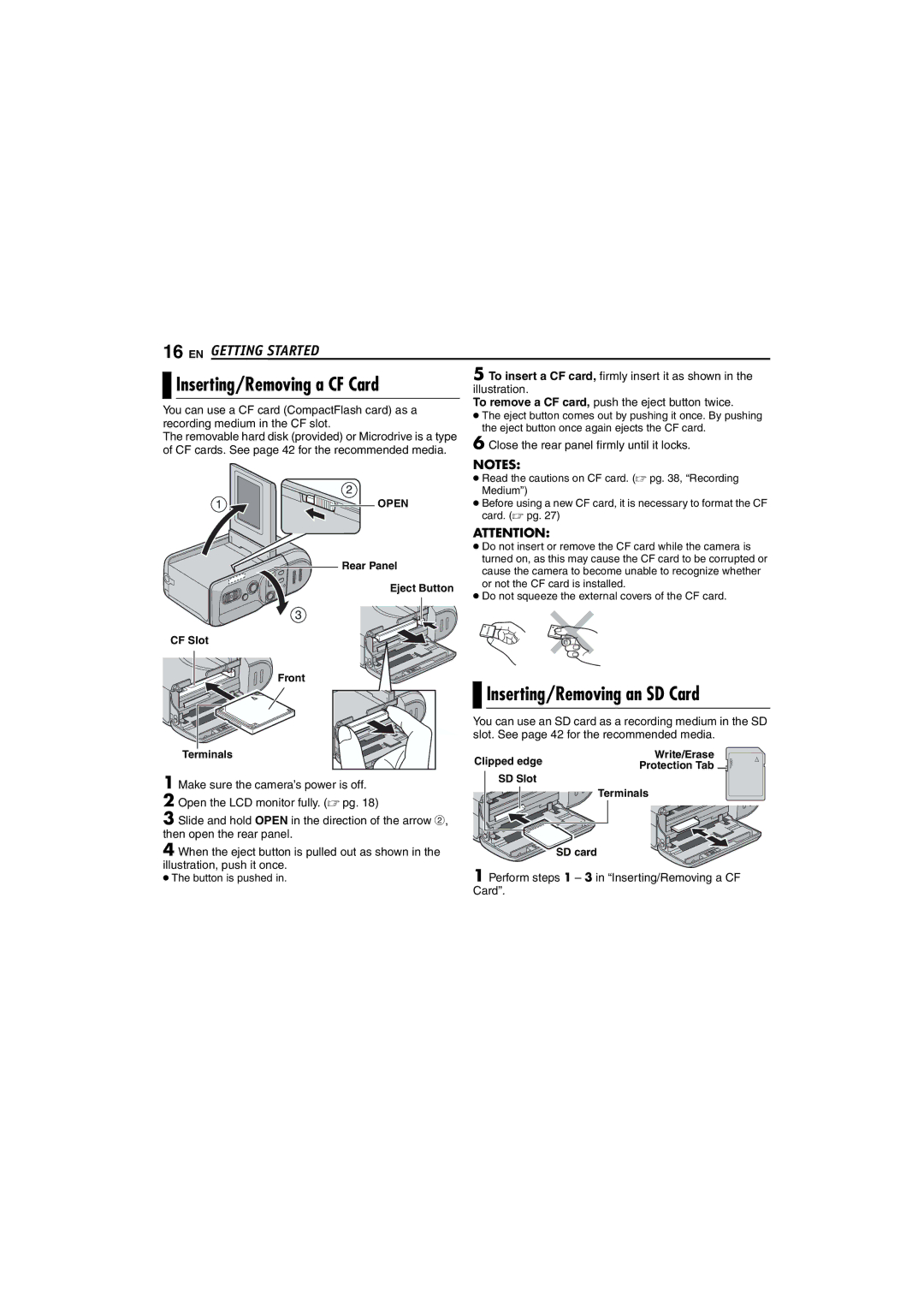 Victor GZ-MC100 instruction manual Inserting/Removing a CF Card, Inserting/Removing an SD Card 