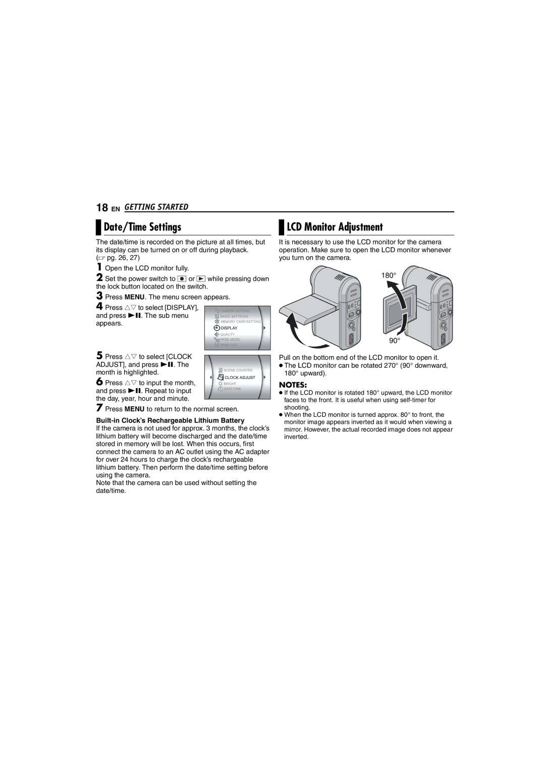 Victor GZ-MC100 instruction manual Date/Time Settings LCD Monitor Adjustment, Built-in Clock’s Rechargeable Lithium Battery 