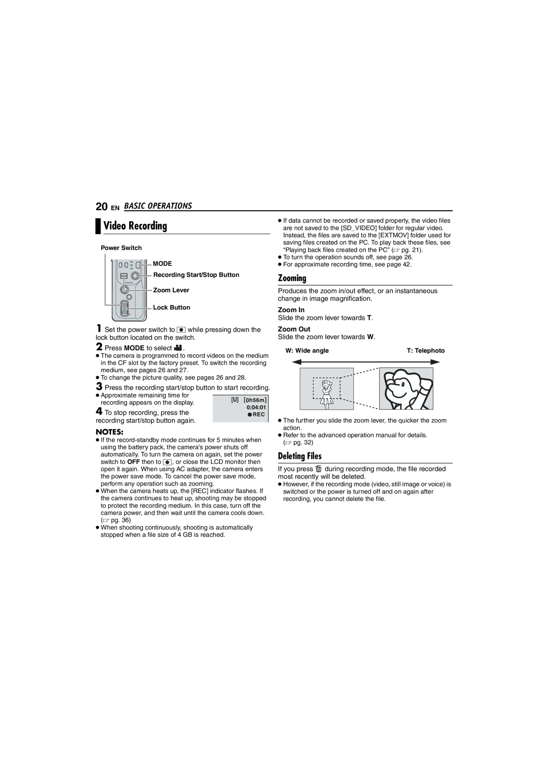 Victor GZ-MC100 instruction manual Zooming, Deleting Files, Zoom Out 