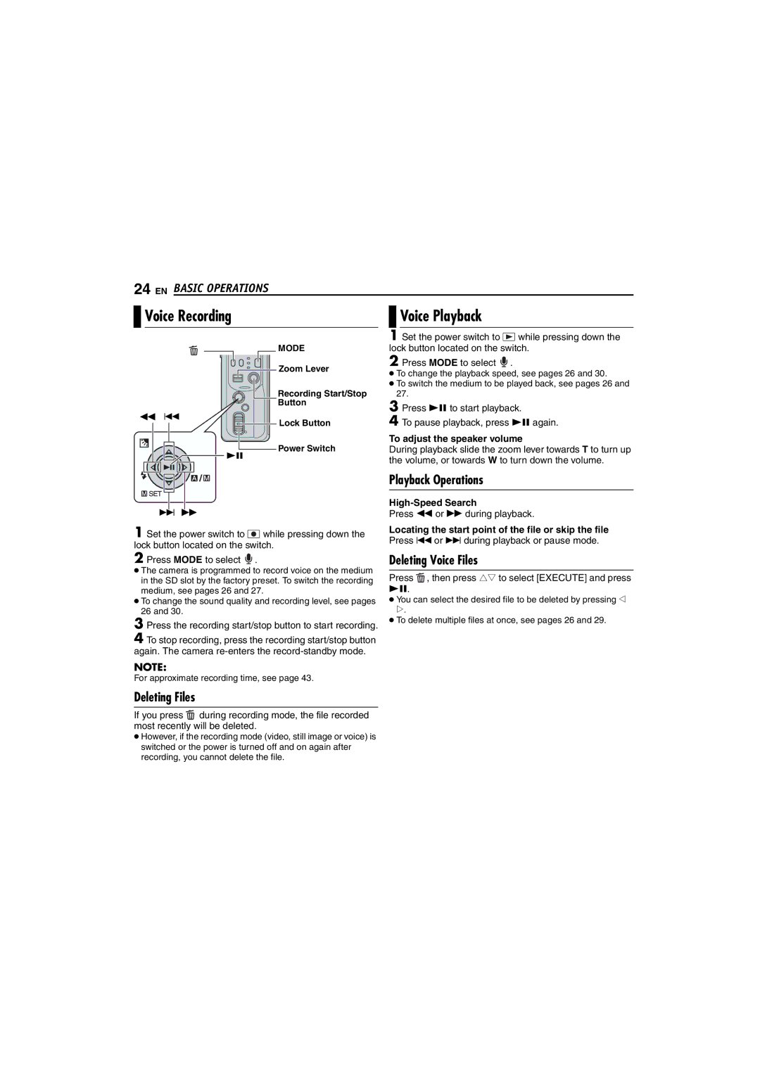 Victor GZ-MC100 instruction manual Voice Recording, Voice Playback, Playback Operations, Deleting Voice Files 