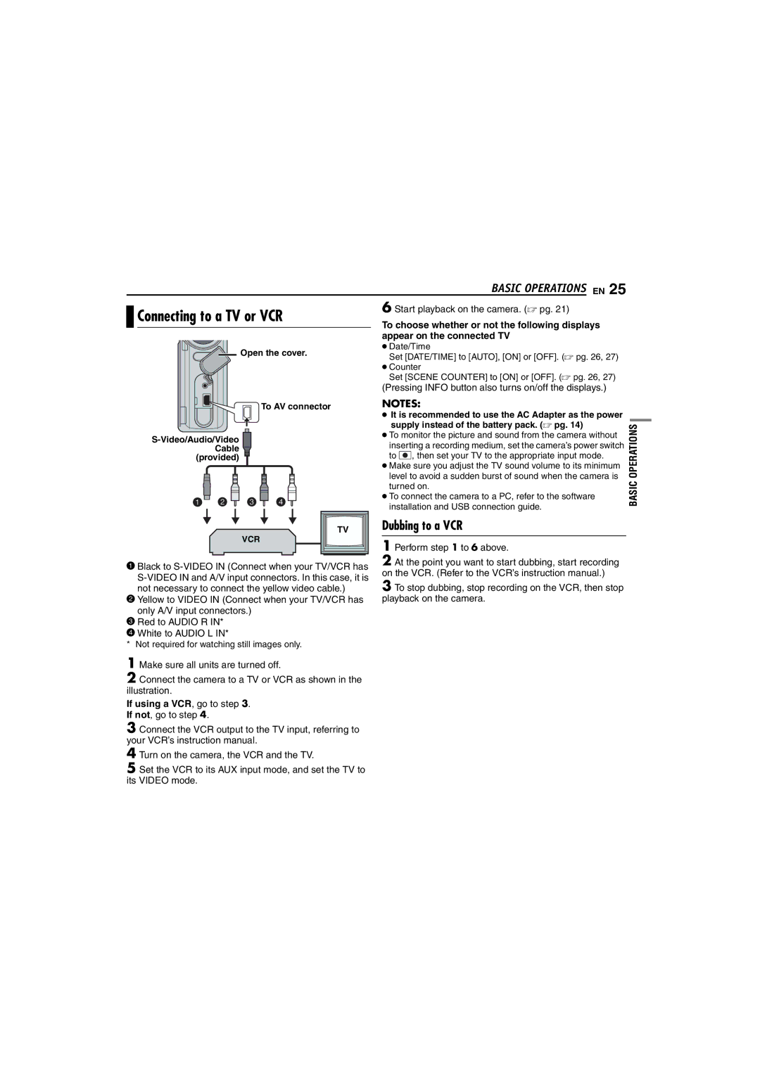 Victor GZ-MC100 instruction manual Connecting to a TV or VCR, Dubbing to a VCR, Appear on the connected TV 