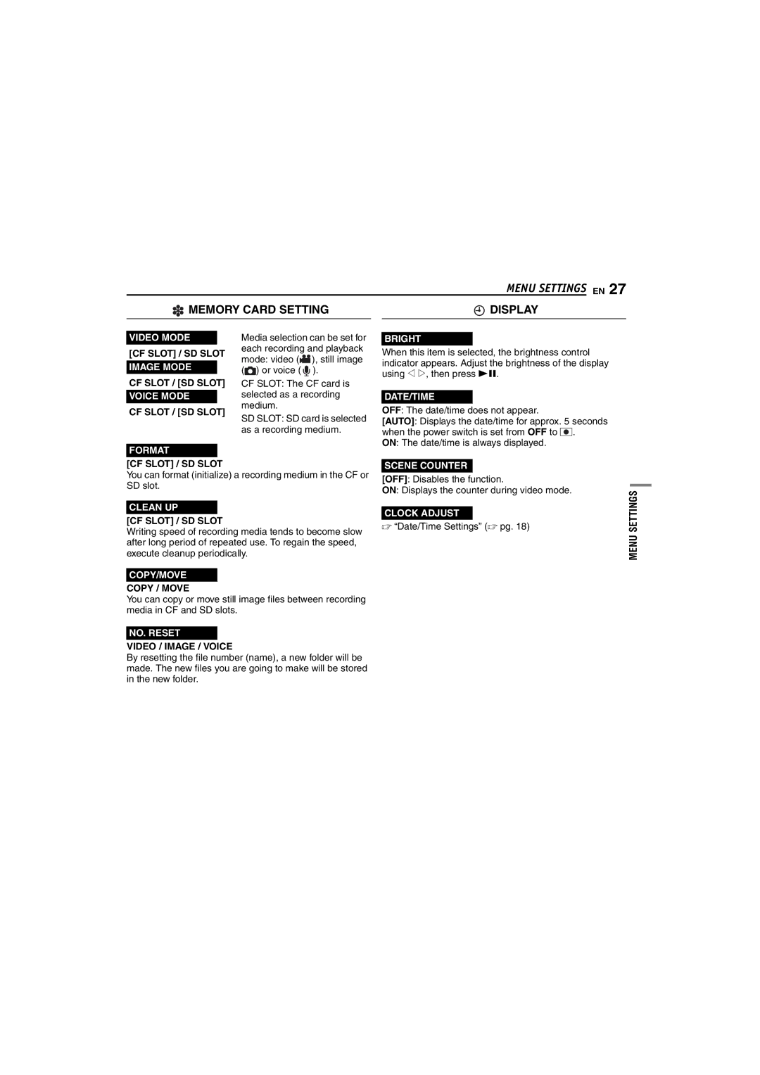 Victor GZ-MC100 instruction manual CF Slot The CF card is selected as a recording medium,  Date/Time Settings  pg 