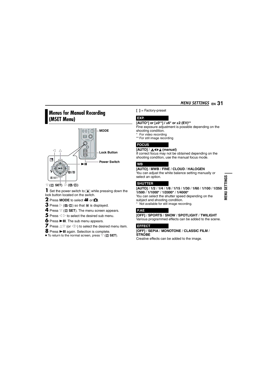 Victor GZ-MC100 instruction manual Menus for Manual Recording, Mset Menu, AUTO* or ±0** / ±6* or ±2 EV, Auto / manual 