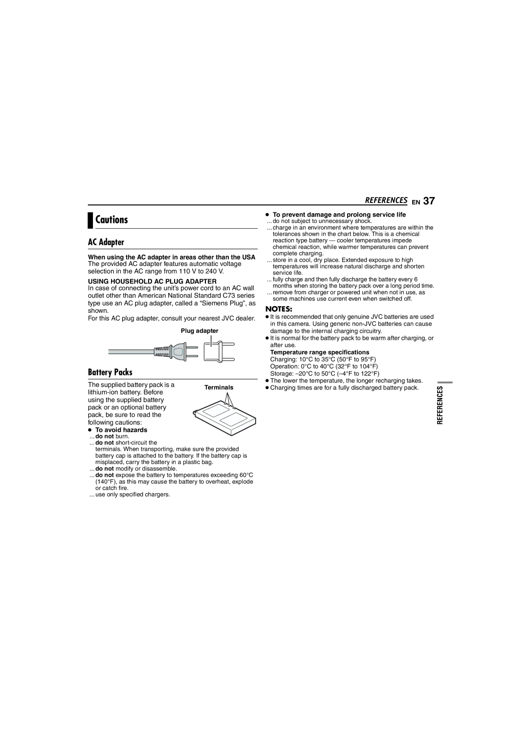 Victor GZ-MC100 instruction manual AC Adapter, Battery Packs, To avoid hazards 