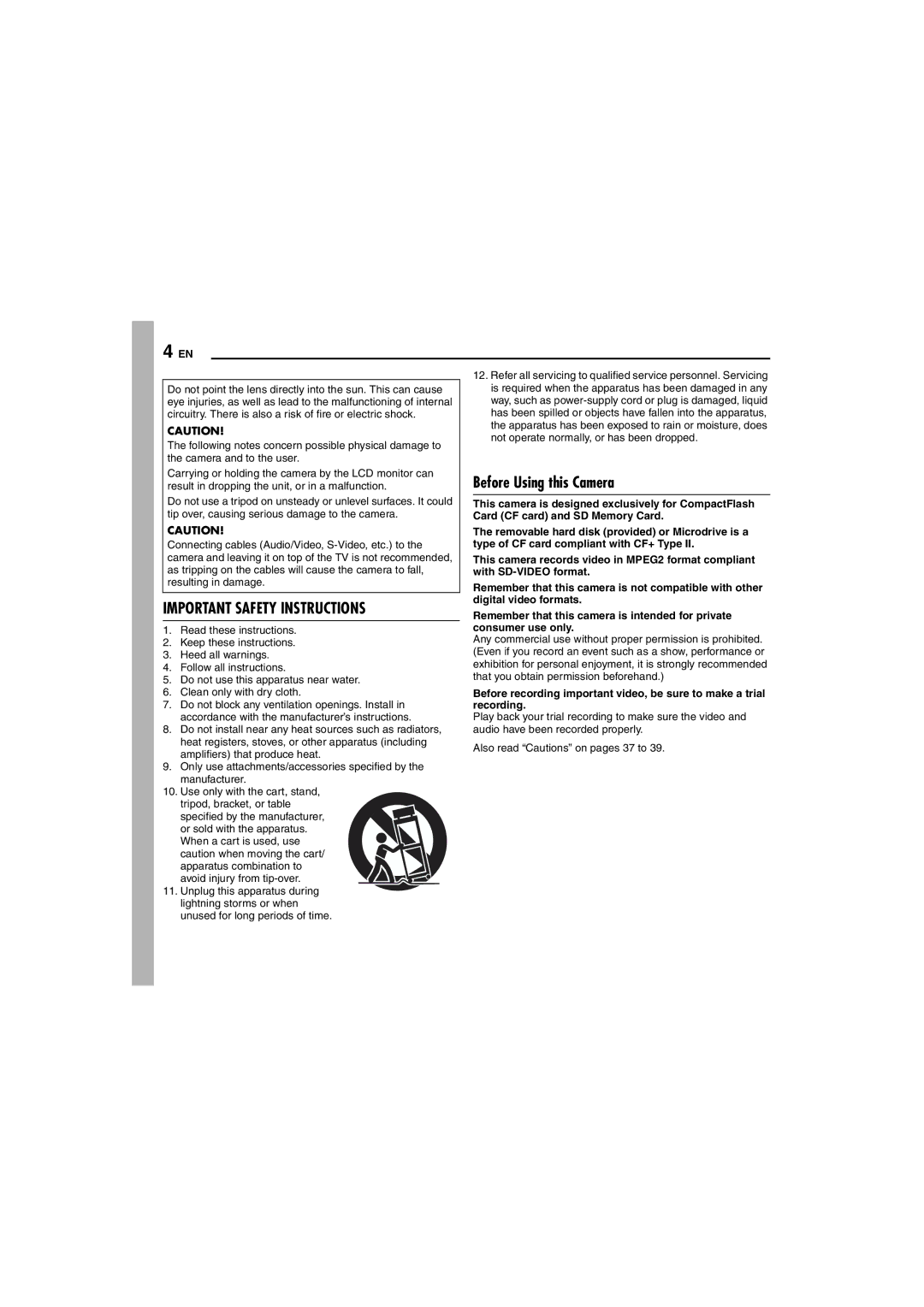 Victor GZ-MC100 instruction manual Important Safety Instructions, Before Using this Camera 