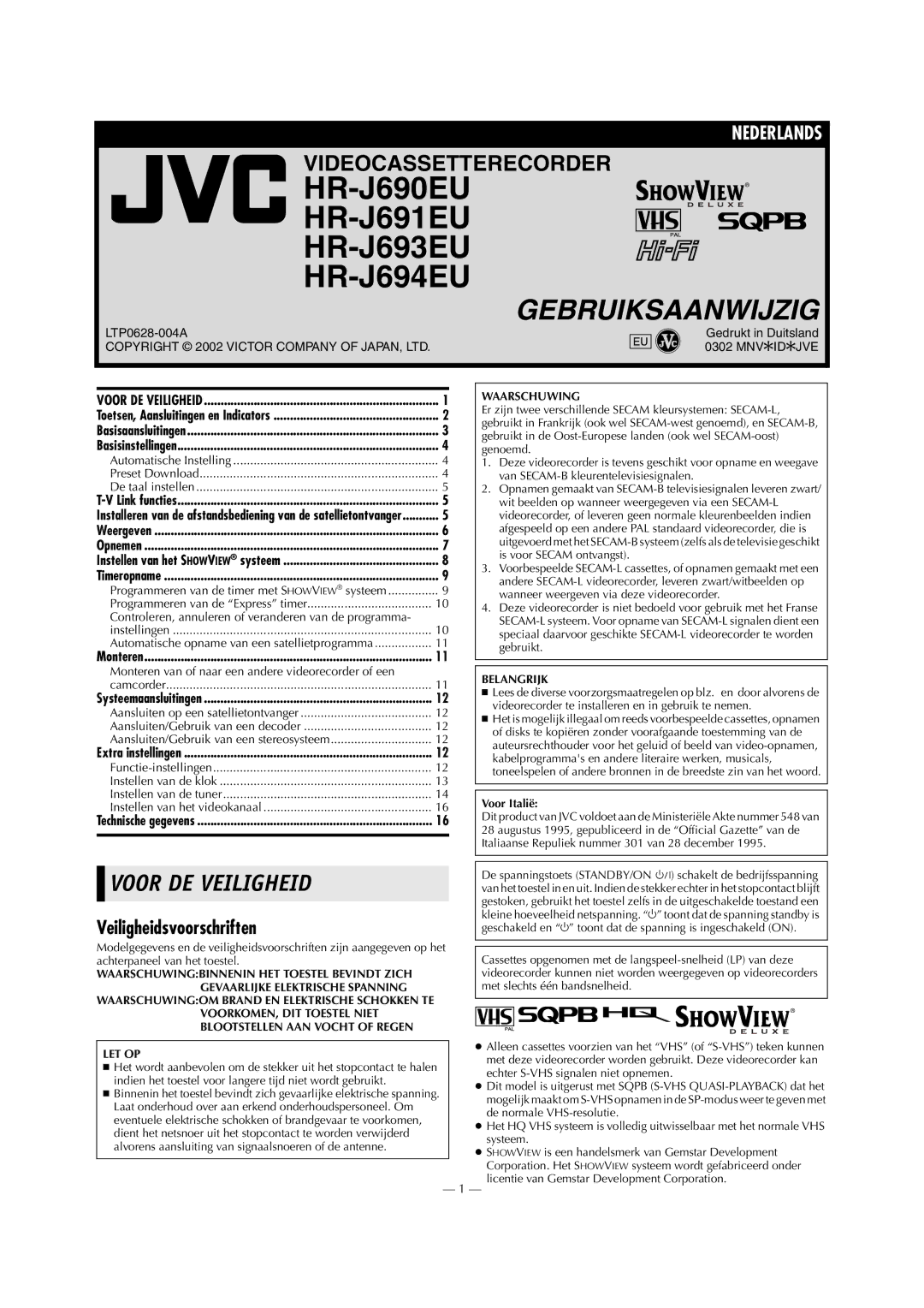 Victor HR-J690EU, HR-J691EU, HR-J693EU, HR-J694EU manual Voor Italië 