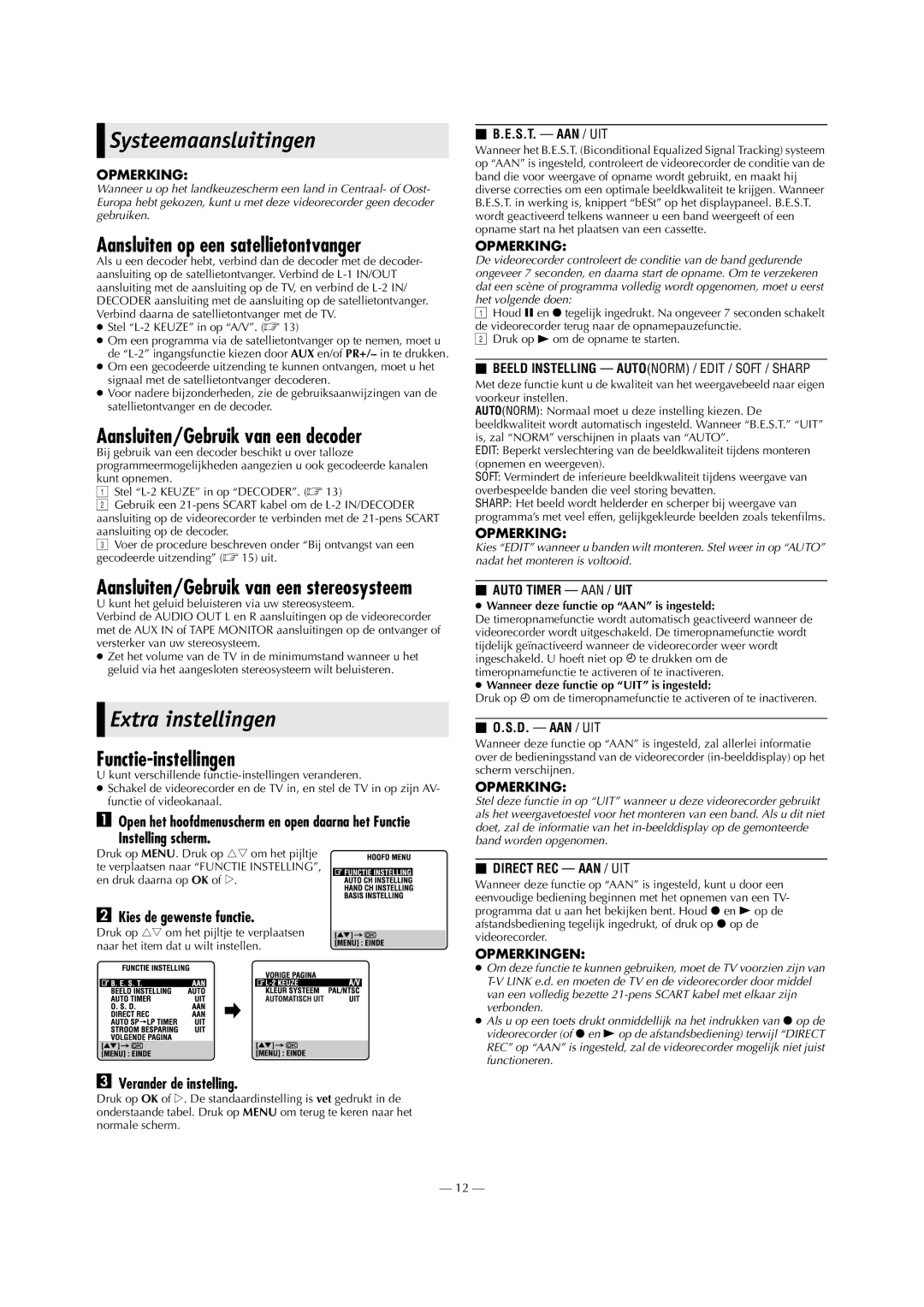 Victor HR-J691EU Systeemaansluitingen, Extra instellingen, Aansluiten op een satellietontvanger, Functie-instellingen 