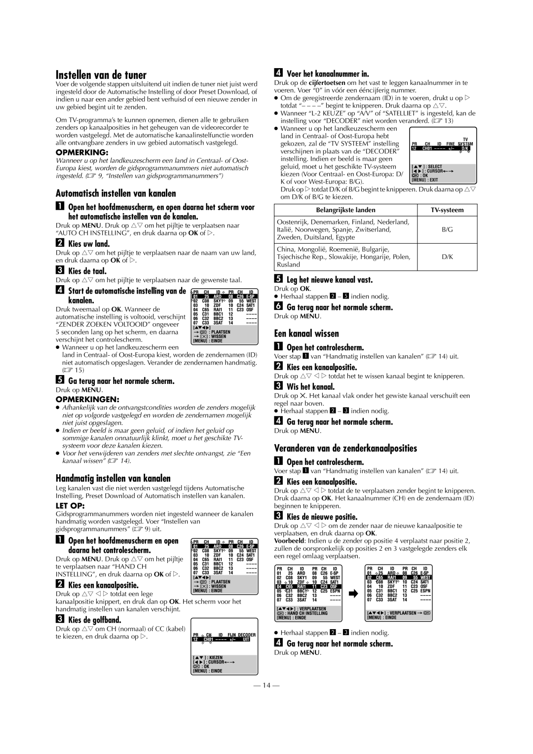 Victor HR-J693EU, HR-J691EU Instellen van de tuner, Automatisch instellen van kanalen, Handmatig instellen van kanalen 