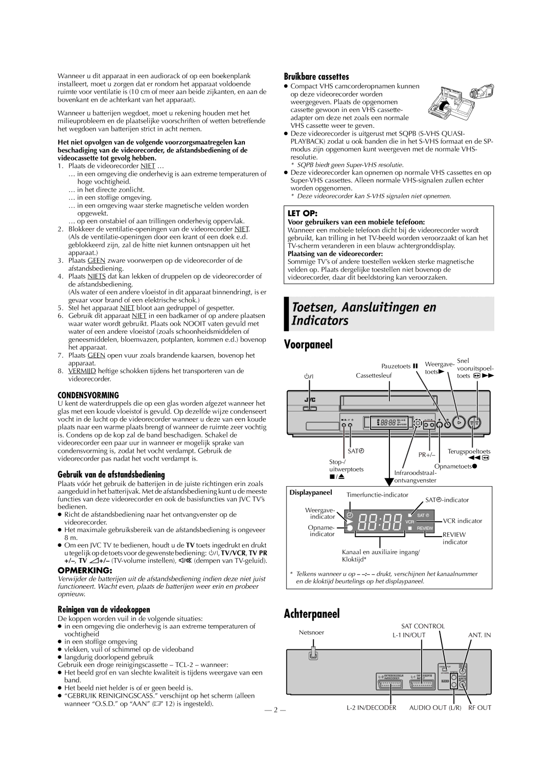 Victor HR-J693EU, HR-J691EU, HR-J690EU, HR-J694EU manual Toetsen, Aansluitingen en Indicators, Voorpaneel, Achterpaneel 