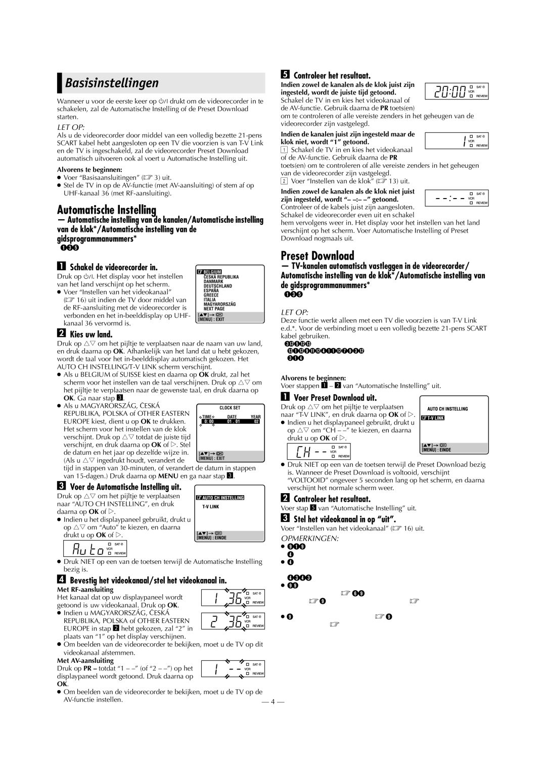 Victor HR-J691EU, HR-J690EU, HR-J693EU, HR-J694EU manual Basisinstellingen, Automatische Instelling, Preset Download 