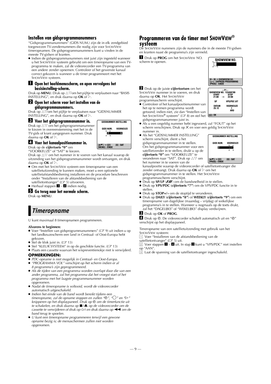 Victor HR-J690EU manual Timeropname, Programmeren van de timer met Showview systeem, Instellen van gidsprogrammanummers 