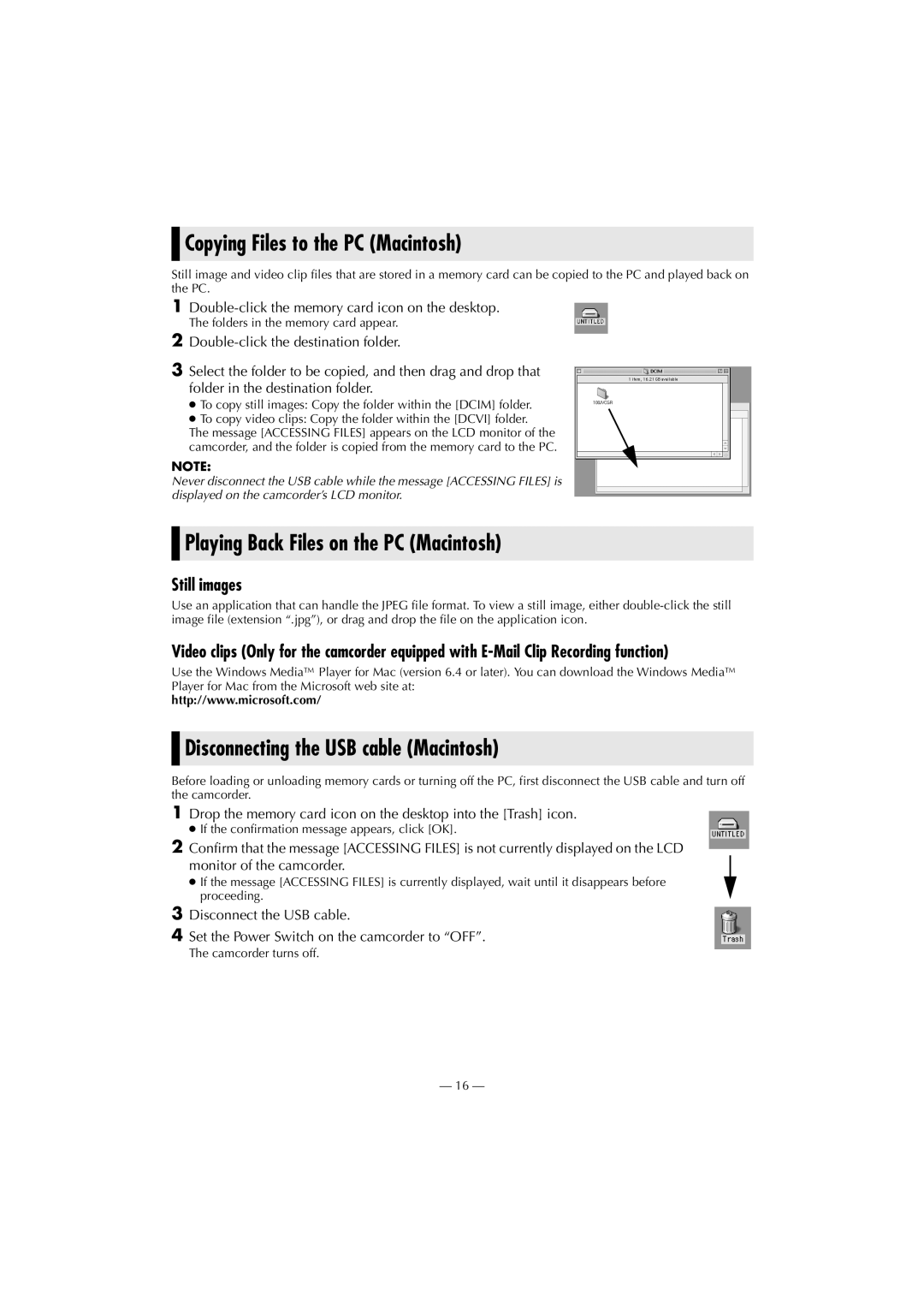 Victor LYT1037-001A manual Copying Files to the PC Macintosh, Playing Back Files on the PC Macintosh 