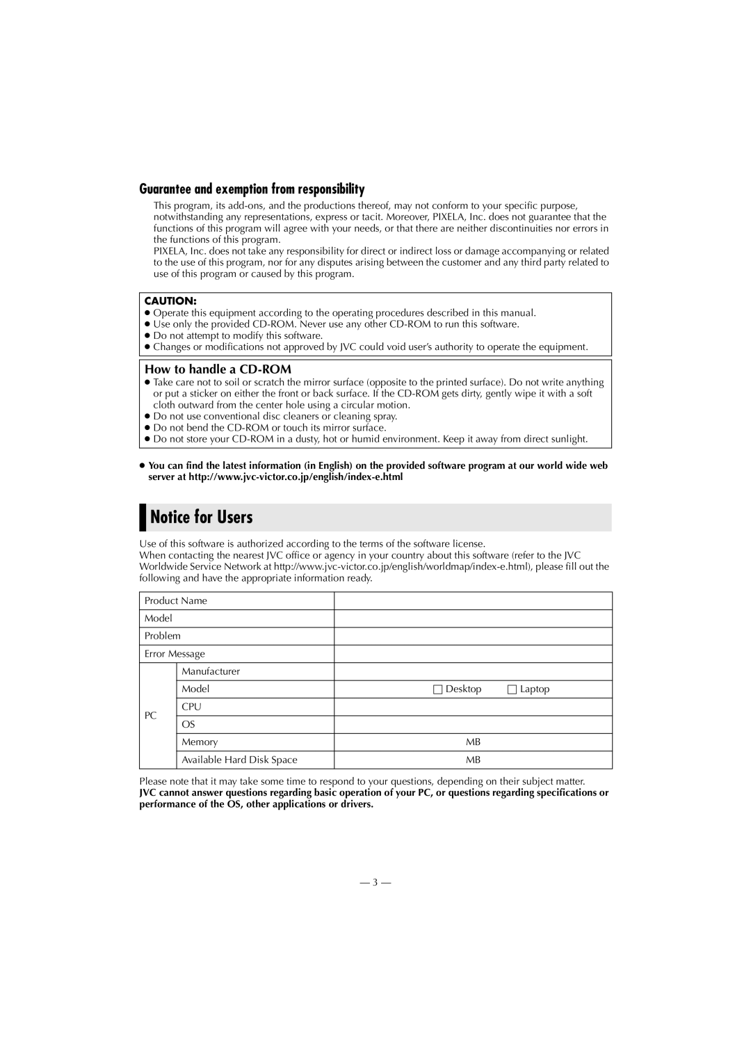 Victor LYT1037-001A manual Guarantee and exemption from responsibility, How to handle a CD-ROM 