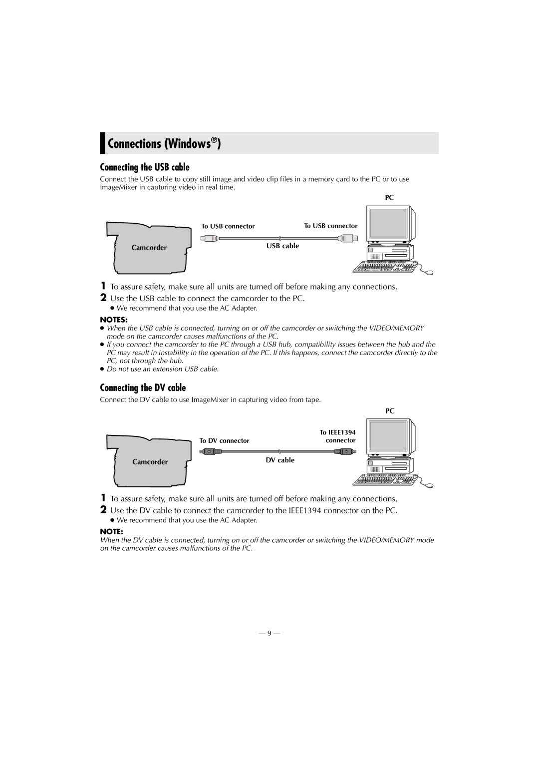 Victor LYT1037-001A manual Connections Windows, Connecting the USB cable, Connecting the DV cable 