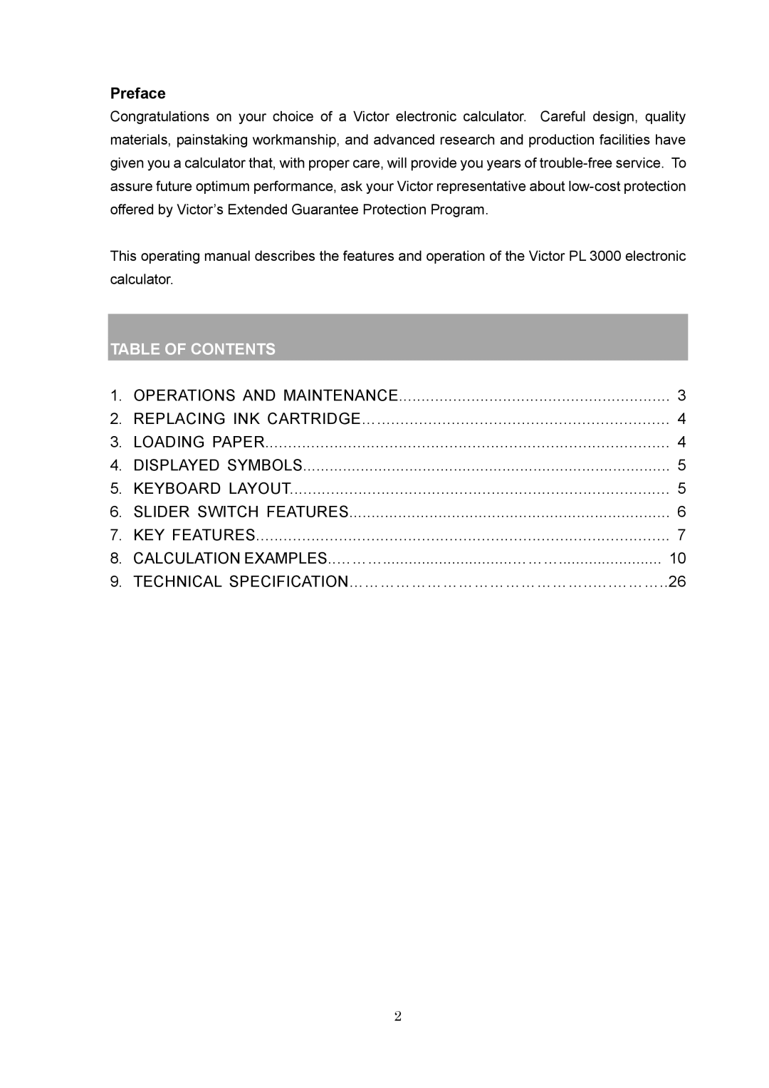 Victor PL3000 instruction manual Table of Contents 