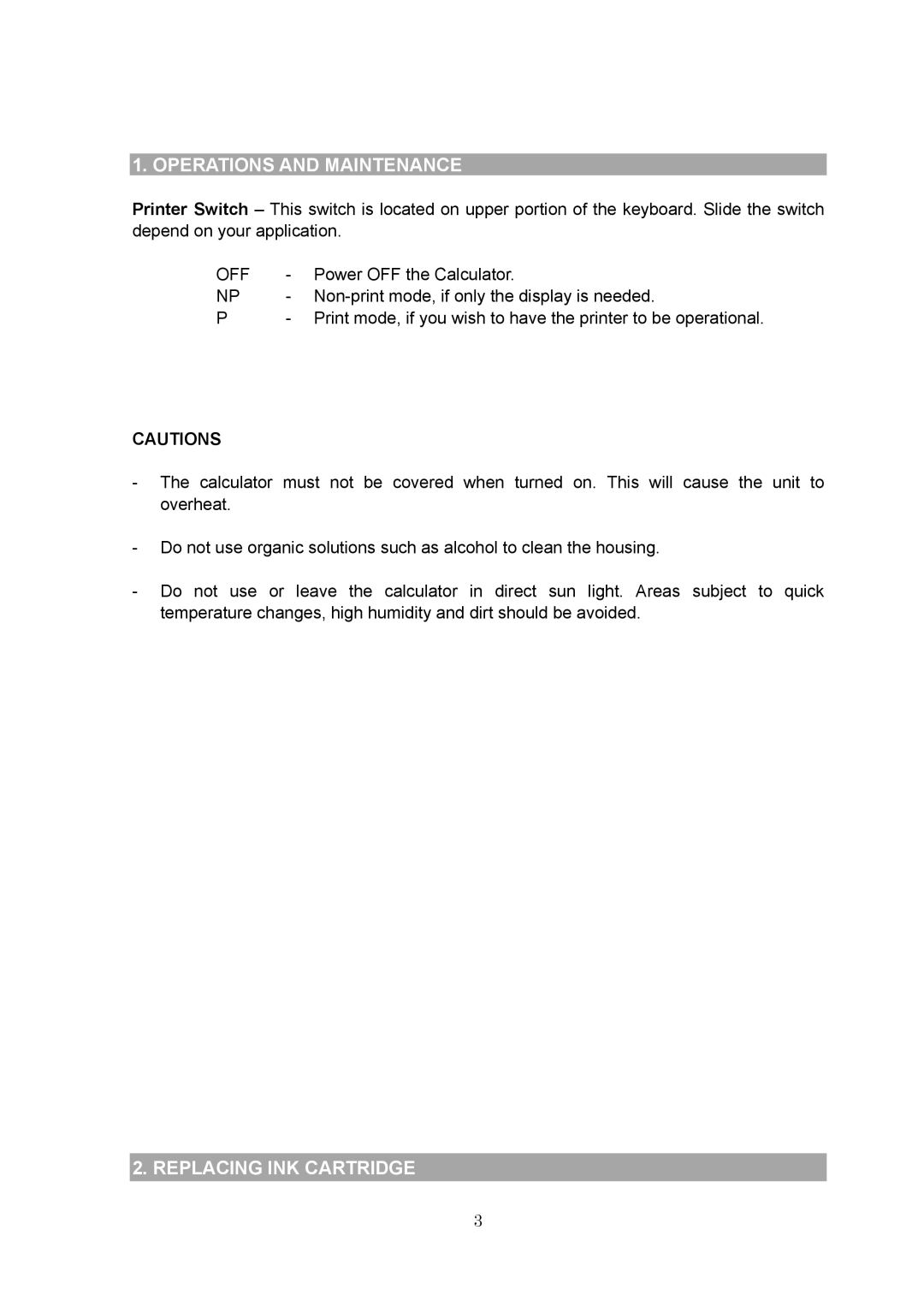 Victor PL3000 instruction manual Operations and Maintenance, Replacing INK Cartridge 