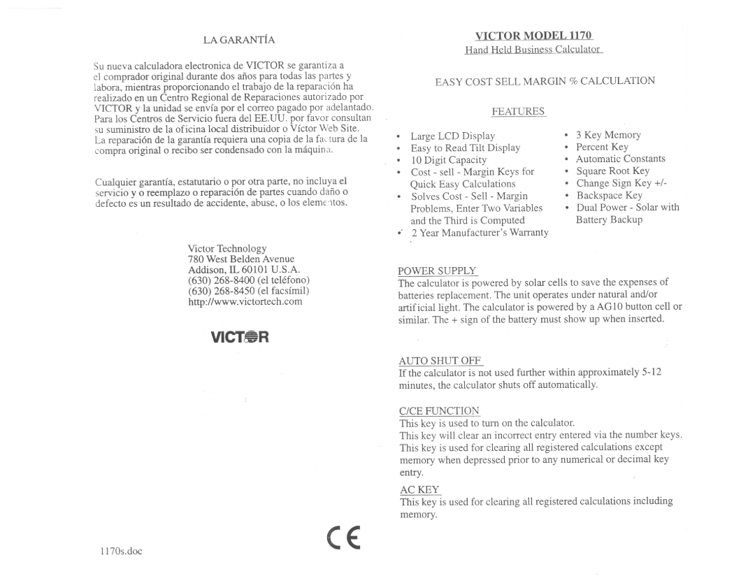 Victor Technology 1170 manual 