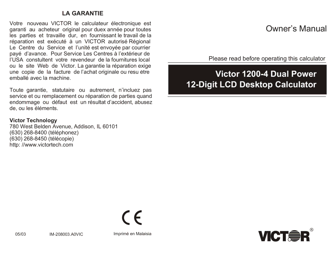 Victor Technology 1200-4 owner manual LA Garantie, Victor Technology 