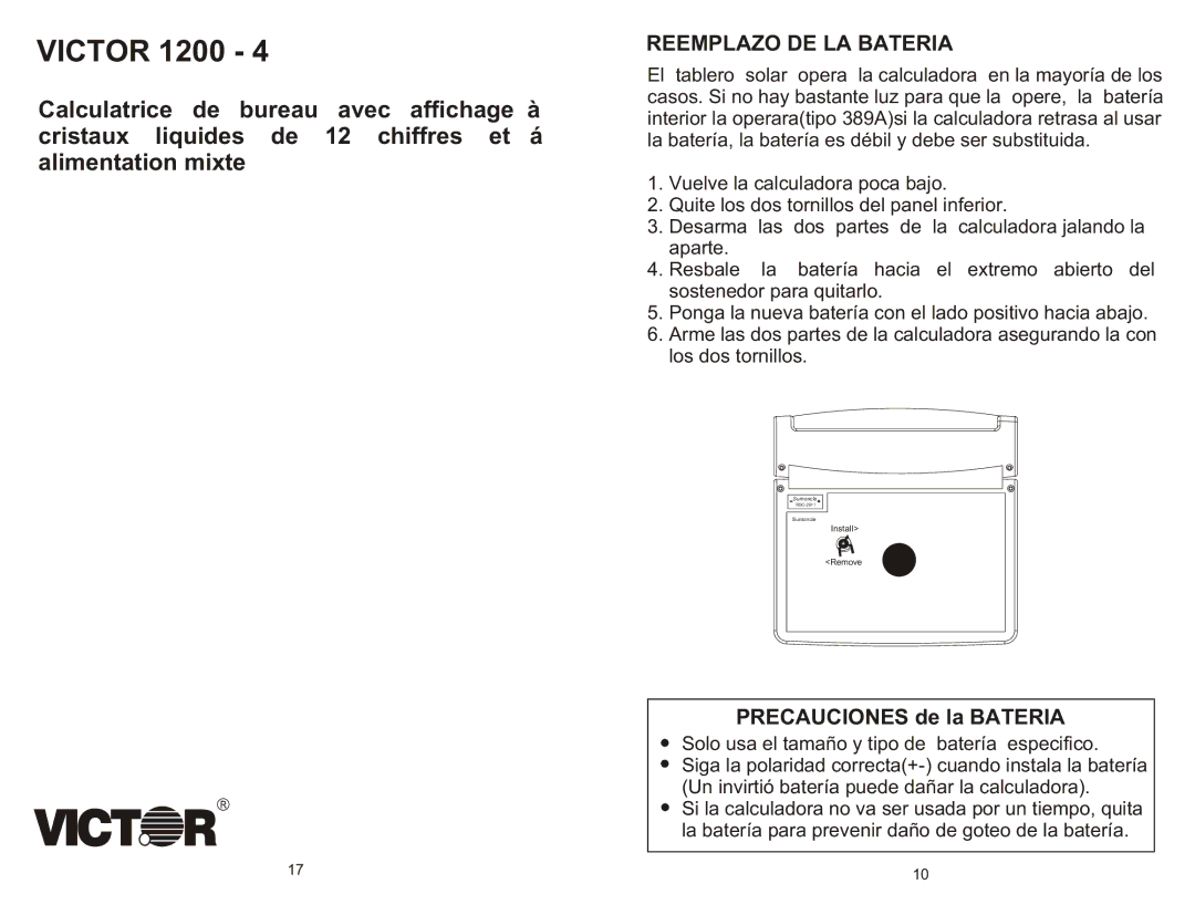 Victor Technology 1200-4 owner manual Victor 1200, Reemplazo DE LA Bateria 