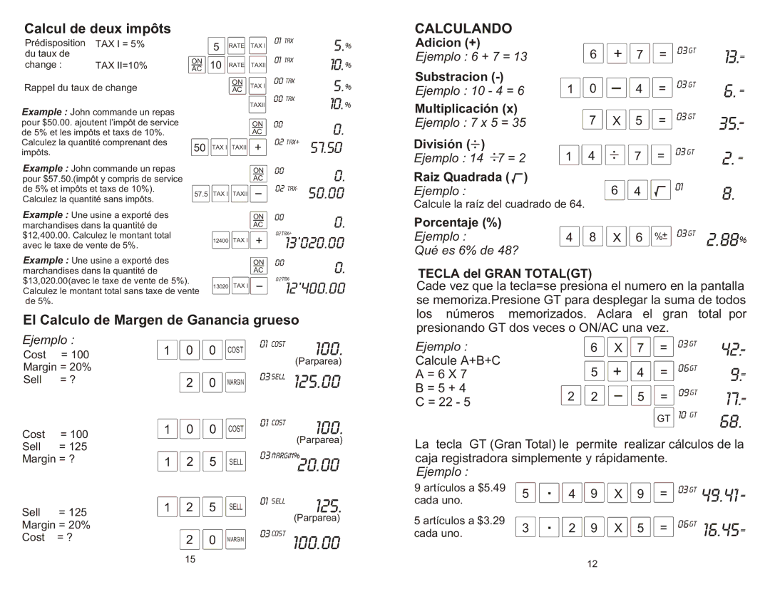 Victor Technology 1200-4 owner manual Calcul de deux impôts, Calculando, El Calculo de Margen de Ganancia grueso 