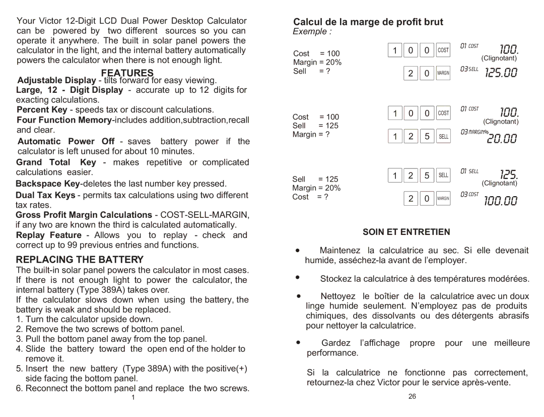 Victor Technology 1200-4 owner manual 125.00, 100.00, Features, Replacing the Battery, Calcul de la marge de profit brut 