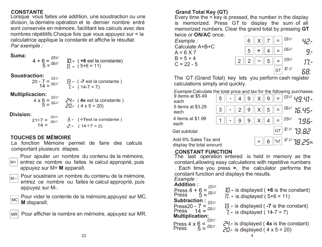 Victor Technology 1200-4 owner manual 96=, Constante, Touches DE Mémoire, Constant Function 