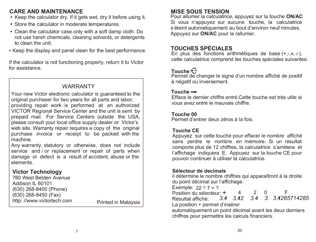 Victor Technology 1200-4 owner manual Care and Maintenance, Victor Technology, Mise Sous Tension, Touches Spéciales 