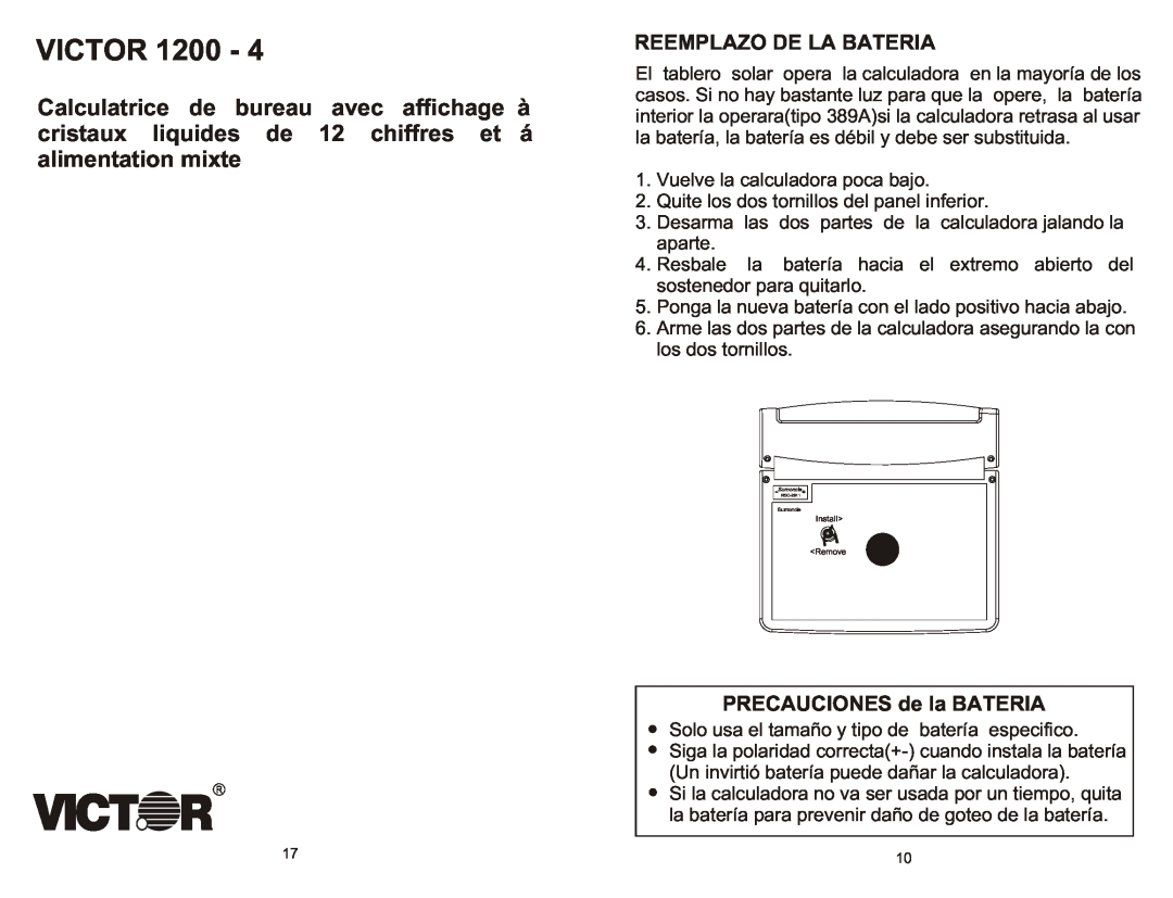 Victor Technology 1200-4 owner manual VICTOR 1200, Reemplazo De La Bateria 