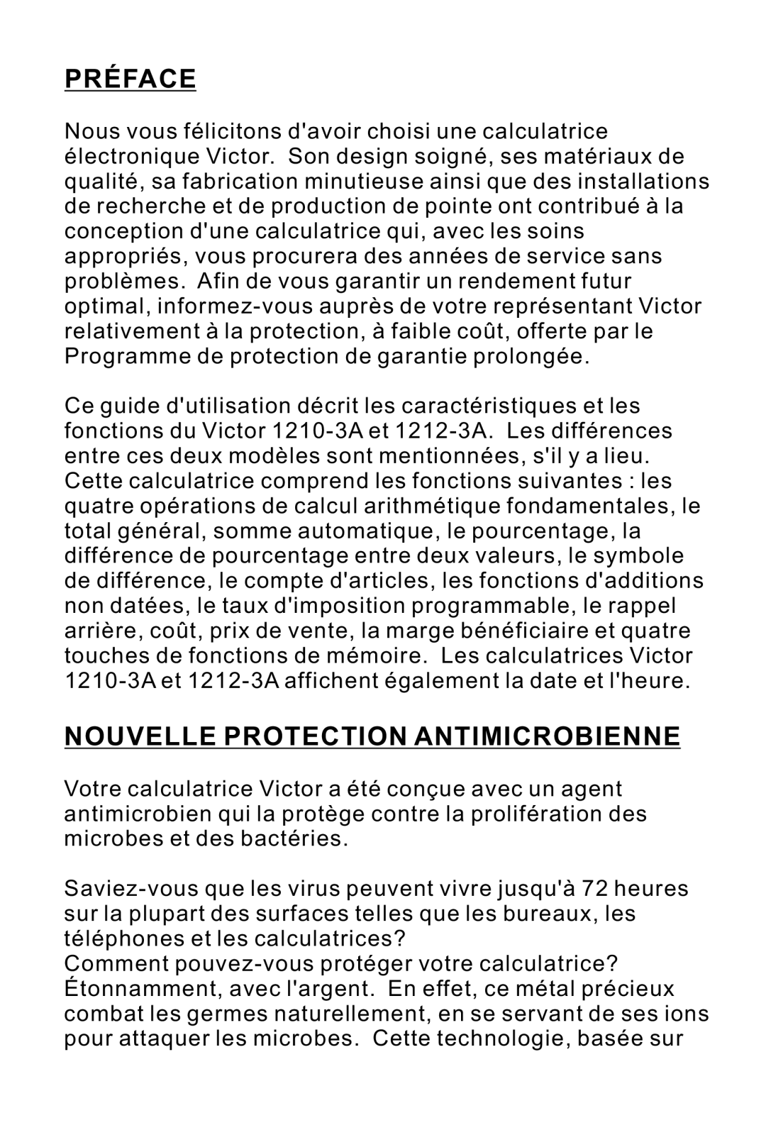 Victor Technology 1212-3A Series instruction manual Préface, Nouvelle Protection Antimicrobienne 