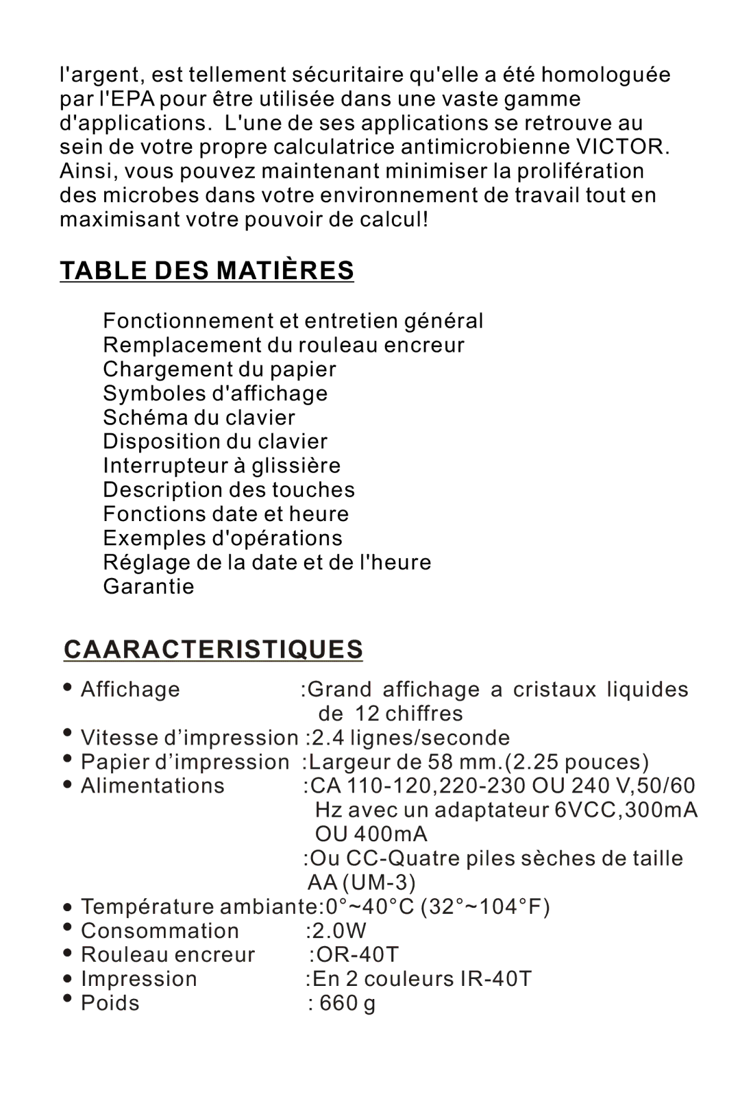 Victor Technology 1212-3A Series instruction manual Table DES Matières, Caaracteristiques 