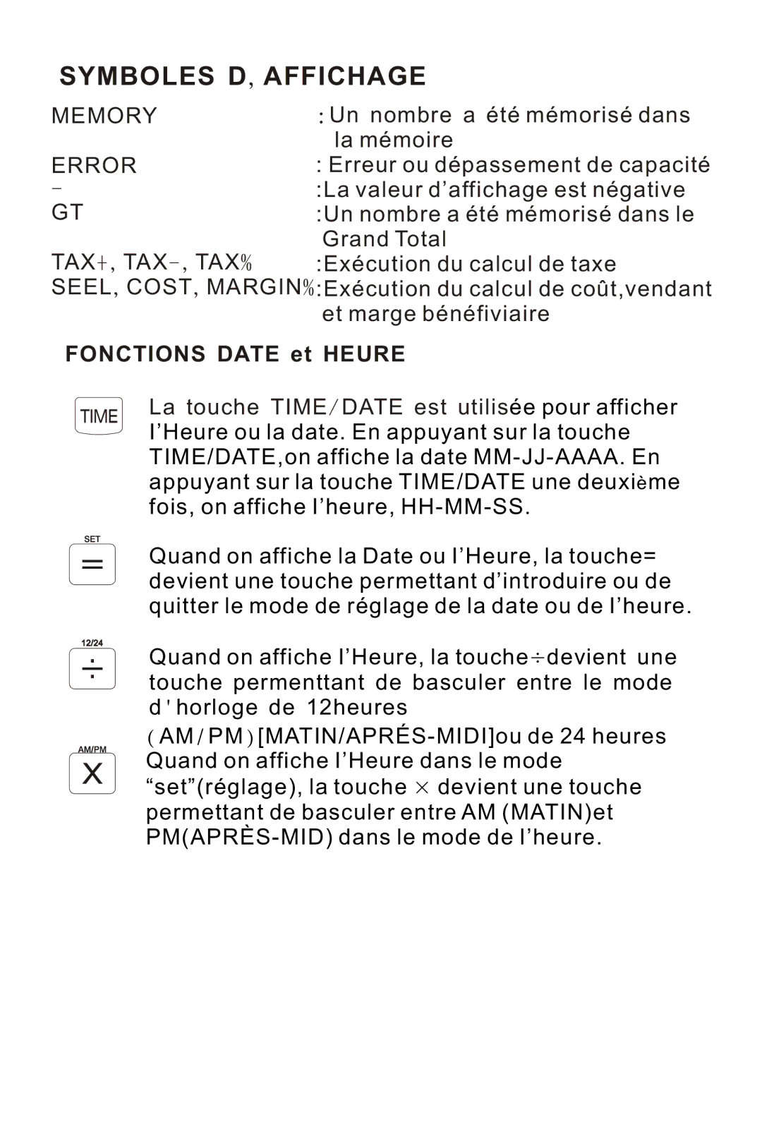 Victor Technology 1212-3A Series instruction manual Symboles D,AFFICHAGE, Fonctions Date et Heure 